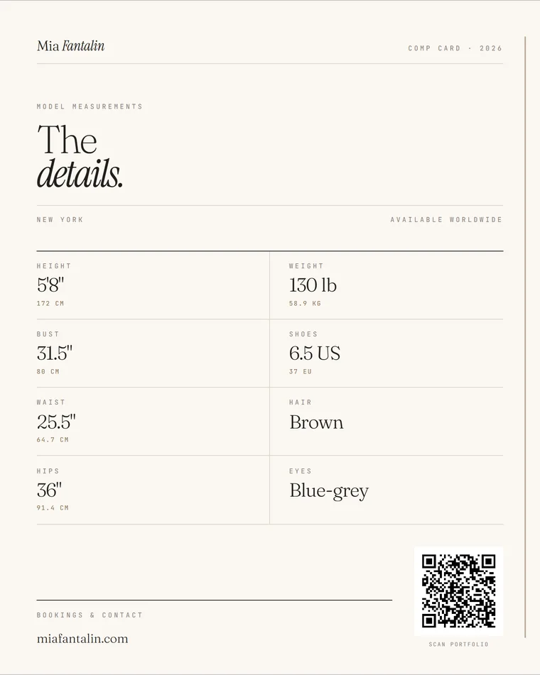Card back: height 5 feet 8 (172 cm), bust 31.5 in, waist 25.5 in, hips 36 in, weight 130 lb, shoes 6.5 US, brown hair, blue-grey eyes