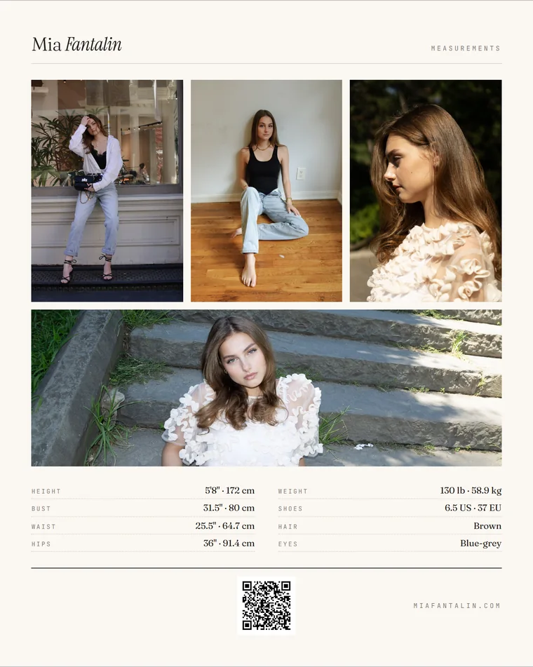 Card back: four photographs of Mia above her measurements