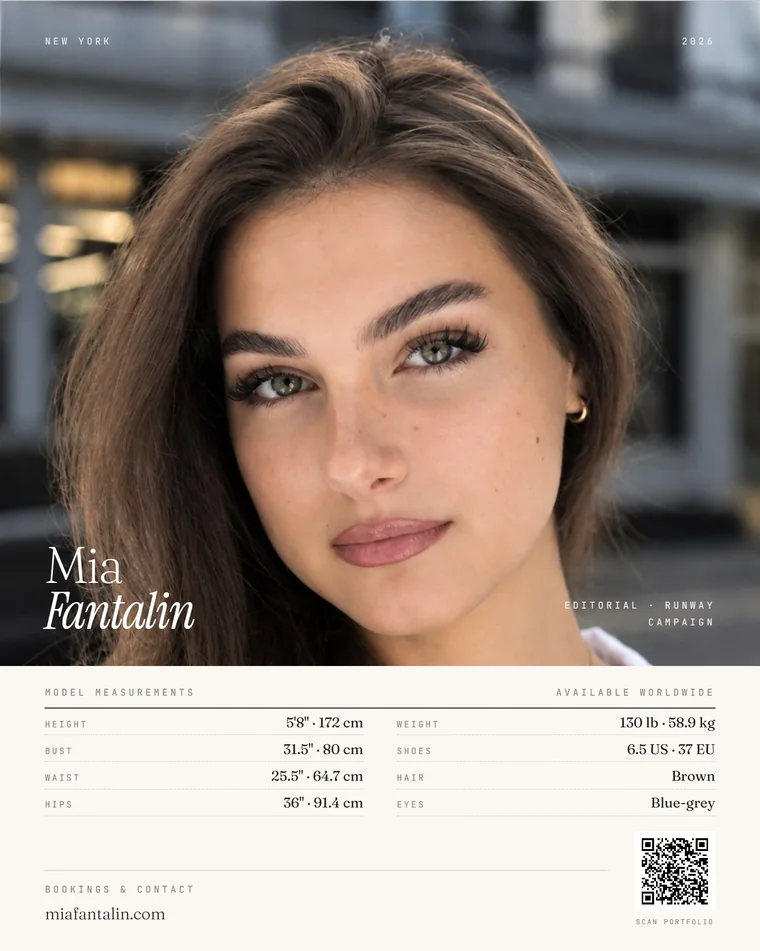 Single-sided card: close portrait of Mia Fantalin above her measurements: height 5 feet 8 (172 cm), bust 31.5 in, waist 25.5 in, hips 36 in, weight 130 lb, shoes 6.5 US, brown hair, blue-grey eyes
